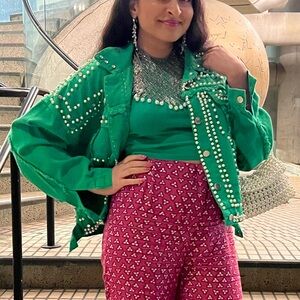 Vibrant Green Studded Embellished Denim Jacket